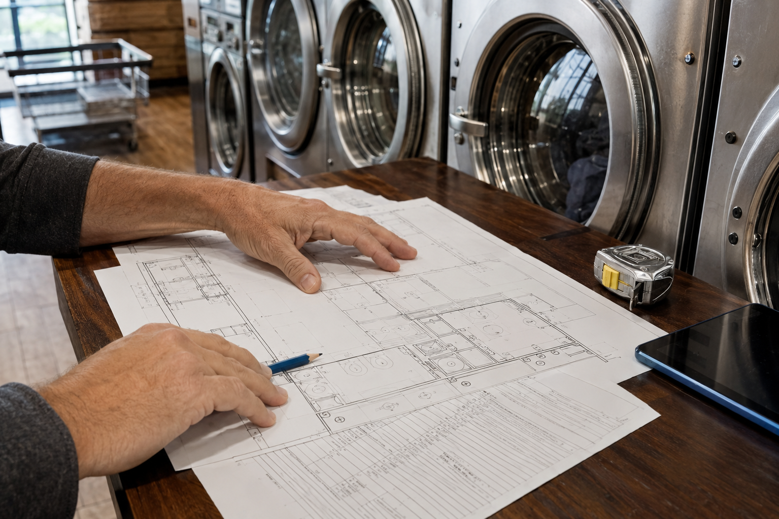 Operator reviewing laundromat plans beside commercial laundry equipment